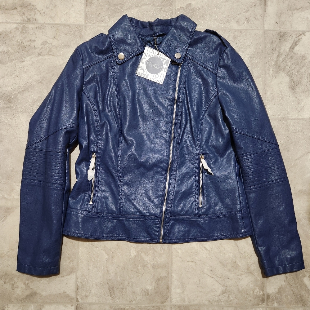 LA Coalition Blue Vegan Leather Moto Jacket NWT